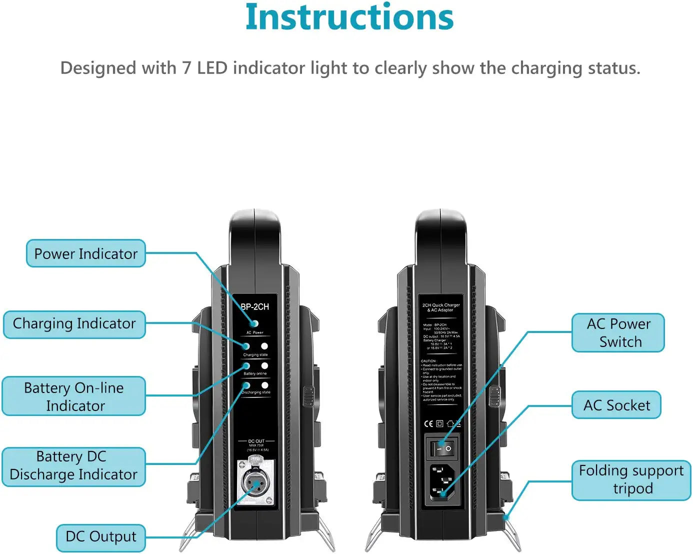 NEEWER NW-BP-2CH Dual Channel V Lock Battery Charger is designed with 7 LED indicator lights.