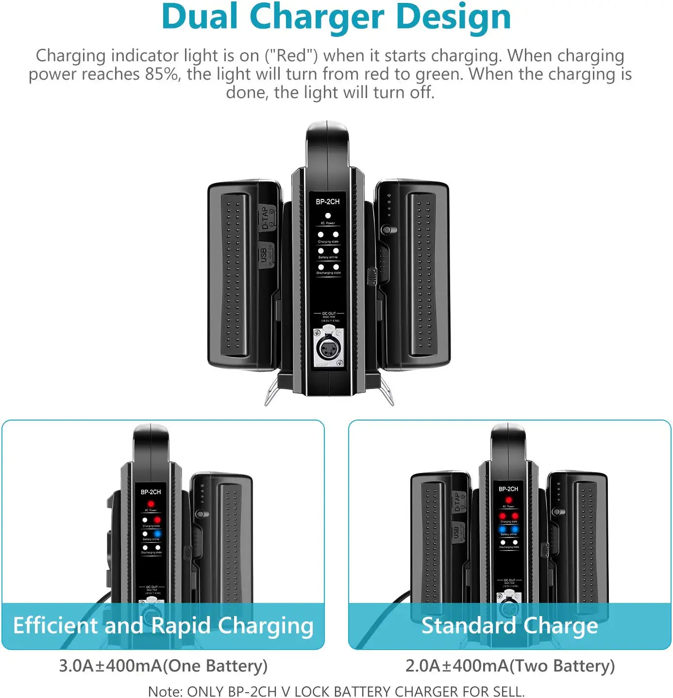 Dual channel power supply battery charger for Sony V-Mount batteries.