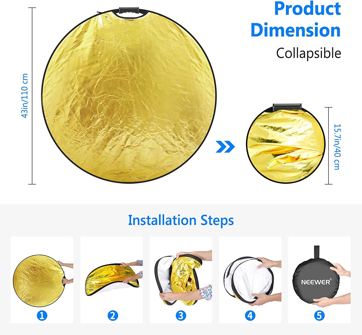 Product dimensions of the NEEWER 5-in-1 110CM Round Reflector
