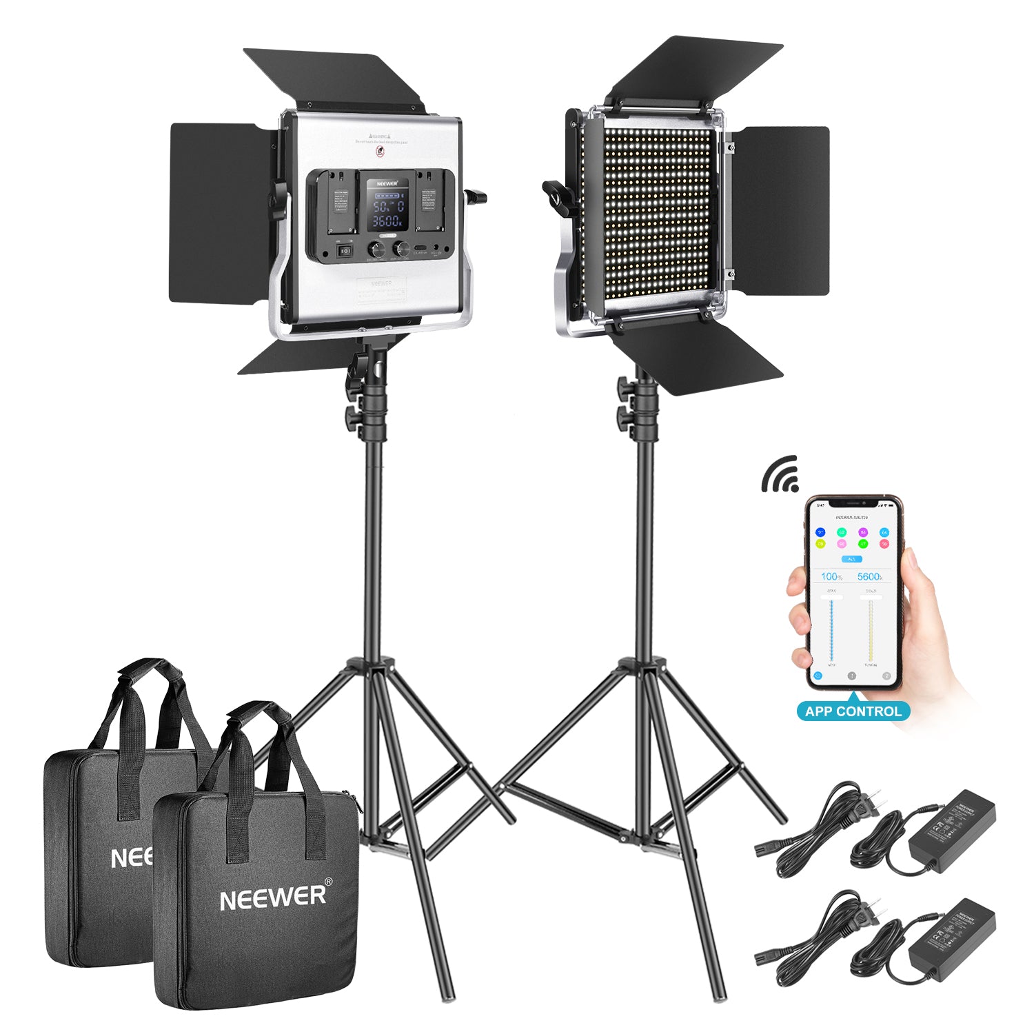Neewer 2 Packs Metal Dimmable Bi-Color 528 LED Photography Lighting Kit with APP Intelligent Control System