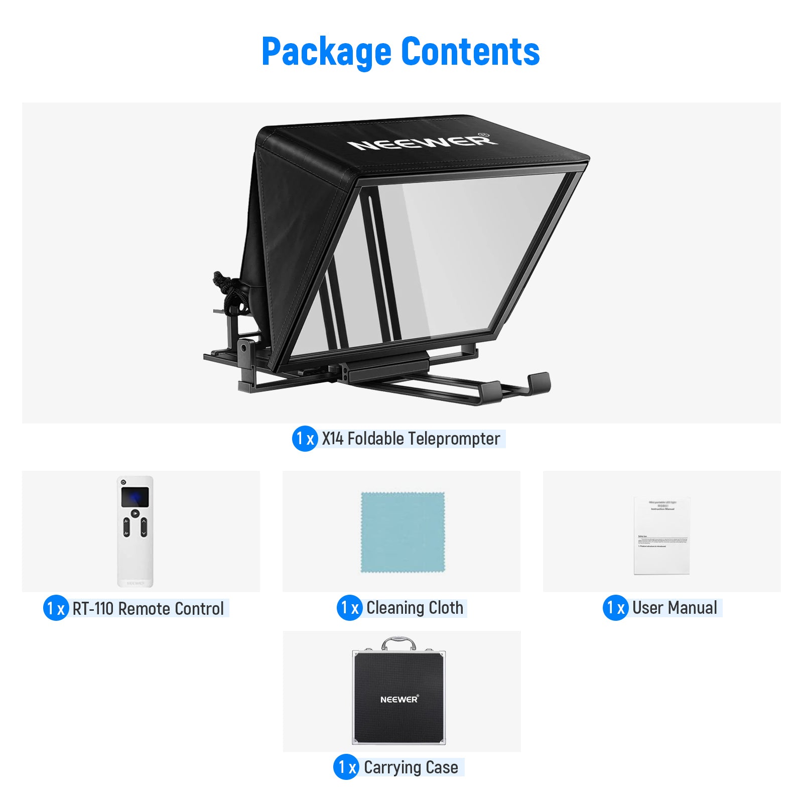 Package Contents of the NEEWER X14 Portable Teleprompter